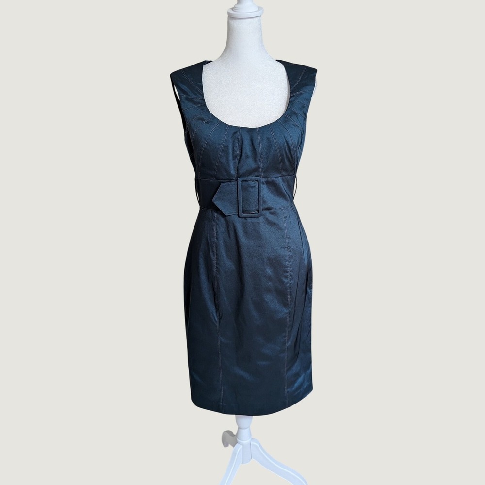 Cache Vintage Dark Teal Metallic Belted Scoop Neck Sheath Cocktail Dress Size 8